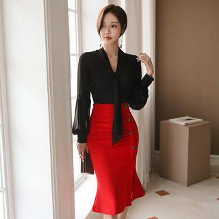 Long-sleeve Chiffon Blouse / Midi Mermaid Skirt
