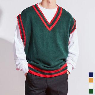 Couple Cap-sleeve Contrast-trim Knit Top