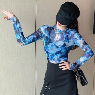 Long-sleeve Dyed Mesh Top Blue - One Size