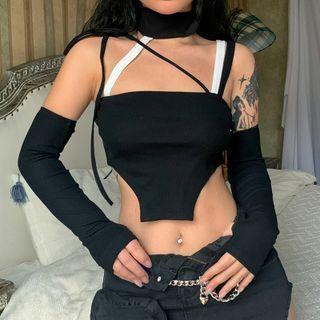 Set: Tie-strap Cropped Camisole Top + Arm Sleeves