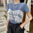 Mock Two-piece Lace Trim Short-sleeve T-shirt