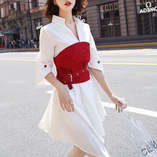 Elbow-sleeve Asymmetric Hem Collared A-line Dress