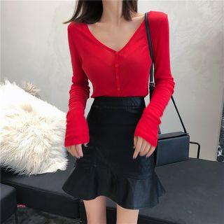 Long-sleeve Plain Cardigan / Faux Leather Plain Skirt