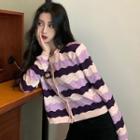 Long-sleeve Color-block Striped Cardigan Purple - One Size