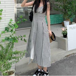 Spaghetti Strap Gingham Midi Smock Dress Gingham - Black & White - One Size