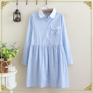 Embroidered Pleated Long-sleeve Collared Dress