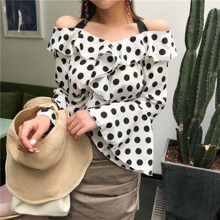 Off Shoulder Dotted Print Ruffled Top