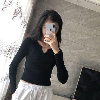 Long-sleeve Ribbed Knit Cropped Top