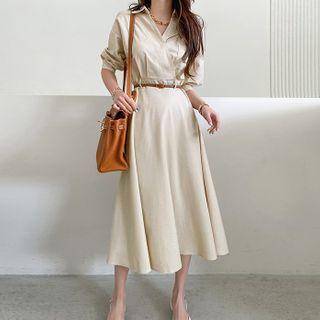 Collared Long Swing Dress Beige - One Size