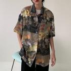 Elbow-sleeve Floral Print Shirt Almond - One Size