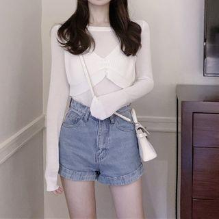 Set: Long-sleeve Knit Top + Camisole Top
