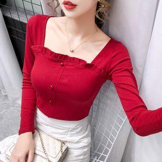 Long-sleeve Square Neck Frill Trim Top