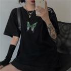 Butterfly Embroidered Short-sleeve Round Neck T-shirt Black - One Size