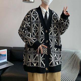 V-neck Printed Oversized Knit Cardigan