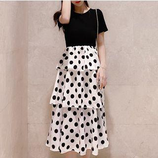 Mock Two-piece Short-sleeve Midi Layered Dress
