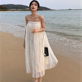 Strapless Mesh Midi A-line Dress White - One Size