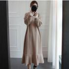 Long-sleeve Lace Panel A-line Midi Dress Khaki - One Size