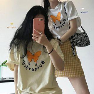 Butterfly Printed Short-sleeve T-shirt / Plaid A-line Skirt