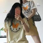 Butterfly Printed Short-sleeve T-shirt / Plaid A-line Skirt