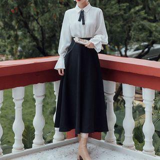 Set: Bow Blouse + Midi A-line Skirt