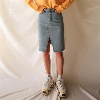 Zip-front Cutout-hem Denim Skirt