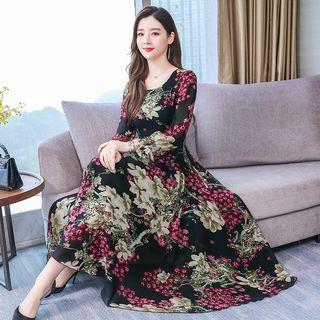 Floral Print Long-sleeve Midi A-line Chiffon Dress