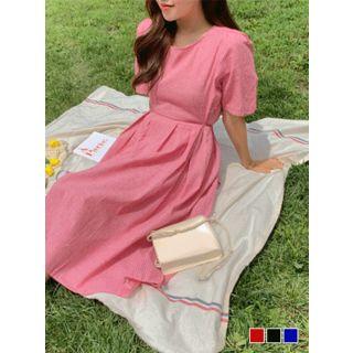 Pleated Tie-waist Gingham Midi Dress