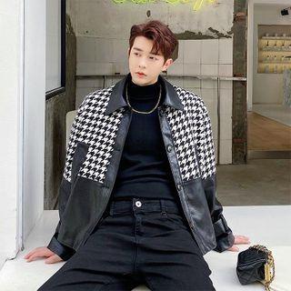Houndstooth Panel Faux Leather Button Jacket