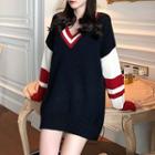 Color Block V-neck Boxy Sweater Dark Blue - One Size