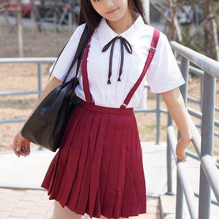 Set: Short-sleeve Shirt + Pleated Suspender Skirt + Ribbon Bow Tie