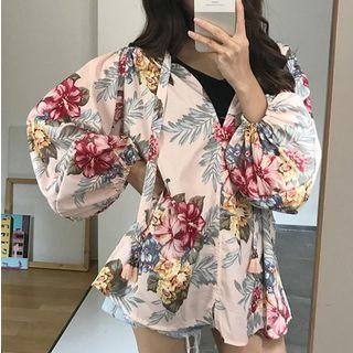 Set: Long-sleeve Floral Print Top + Headband Top - Floral - Light Pink - One Size