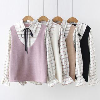 Mock Two-piece Check Panel Blouse