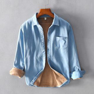 Plain Fleece-lined Long-sleeve Denim Shirt