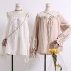 Boatneck Tie-front Ruffled-trim Top