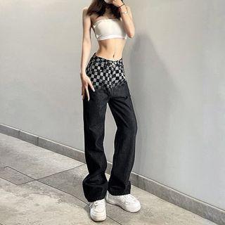 High Waist Checkered Distressed Straight Leg Jeans