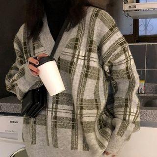 V-neck Plaid Sweater Plaid - Brown - S