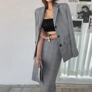 Glen-plaid Belted Blazer & H-line Skirt Set