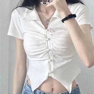 Short-sleeve Collar Button-up Cropped T-shirt White - One Size