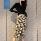 Long-sleeve V-neck Plain Top / High-waist Split Hem Plaid Skirt