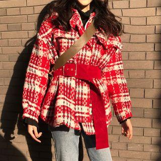 Belt-waist Tweed Zip Coat