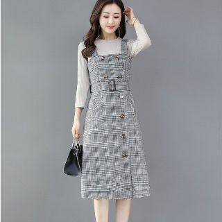 Set: 3/4-sleeve Top + Plaid Buttoned Jumper Dress