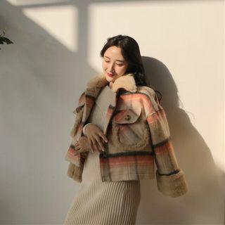 Plaid Fluffy Trim Cropped Button-up Coat Orange - One Size