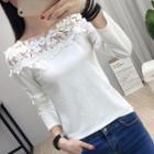 Long-sleeve Crochet Trim Cold-shoulder T-shirt