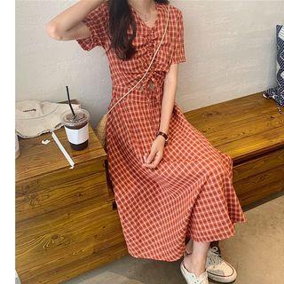 Plaid Drawstring Short-sleeve Midi A-line Dress