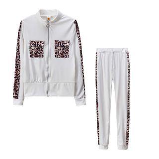 Set: Leopard Print Panel Zip Jacket + Pants