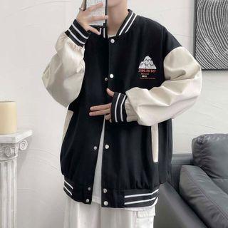 Long-sleeve Two-tone Mountain Print Baseball Jacket