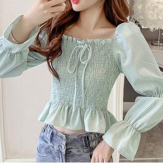 Gingham Ruffle Trim Cropped Blouse