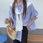 Elbow-sleeve Striped Shirt With Shawl