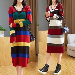 Striped V-neck Long Sleeve Midi Knit Dress