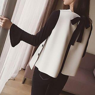 Set: Long-sleeve Knit Top + Bow Vest